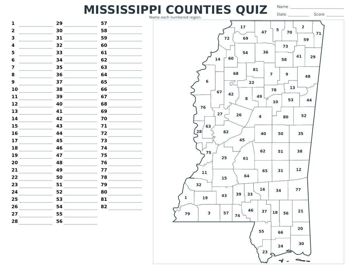 Quiz des comtés : Mississippi, United States avec 82 comtés avec numéros.