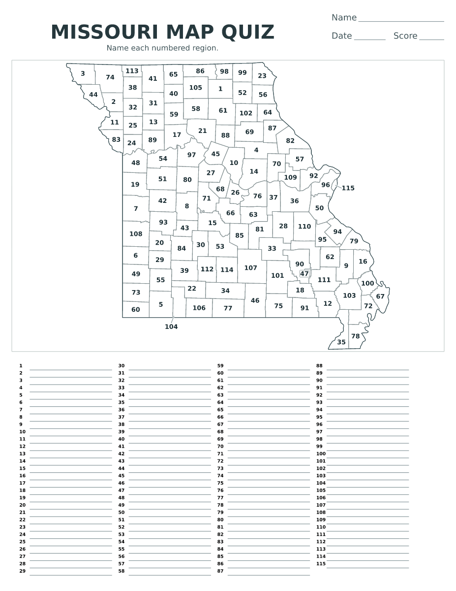 Cuestionario de ciudades y condados: Missouri, United States con 115 ciudades y condados con números.