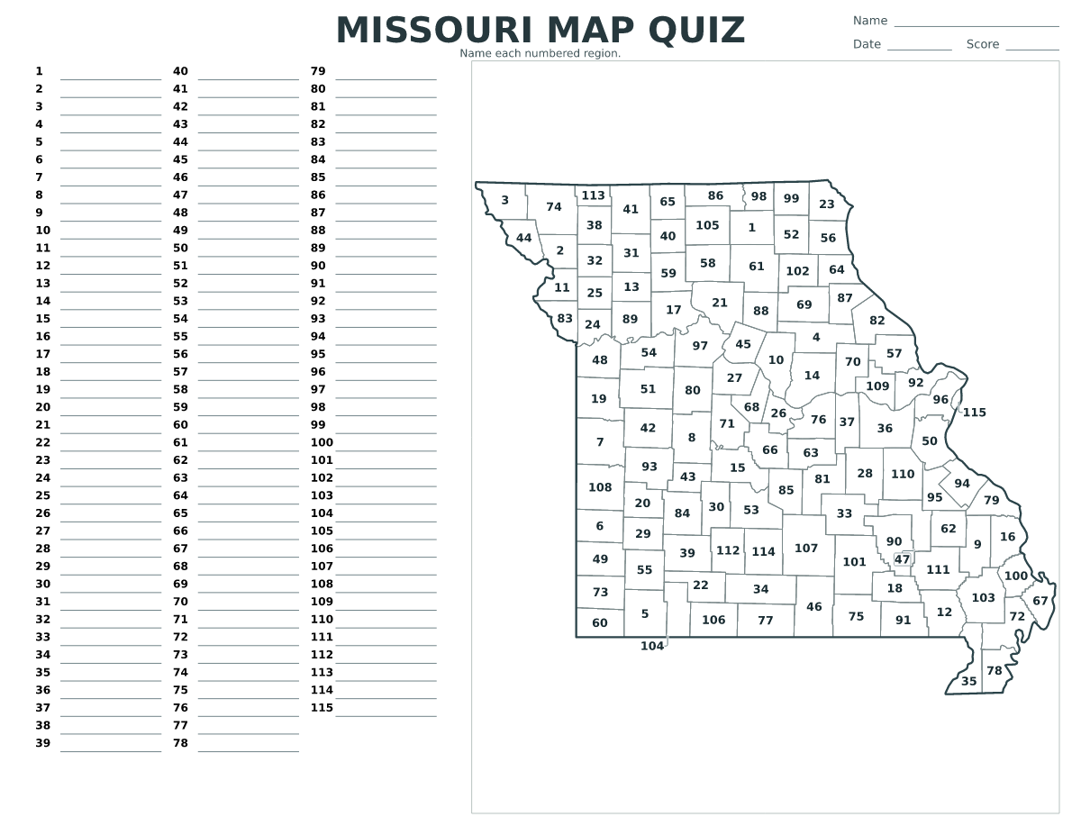 Missouri Cities and Counties Quiz, United States with 115 numbered cities and counties.