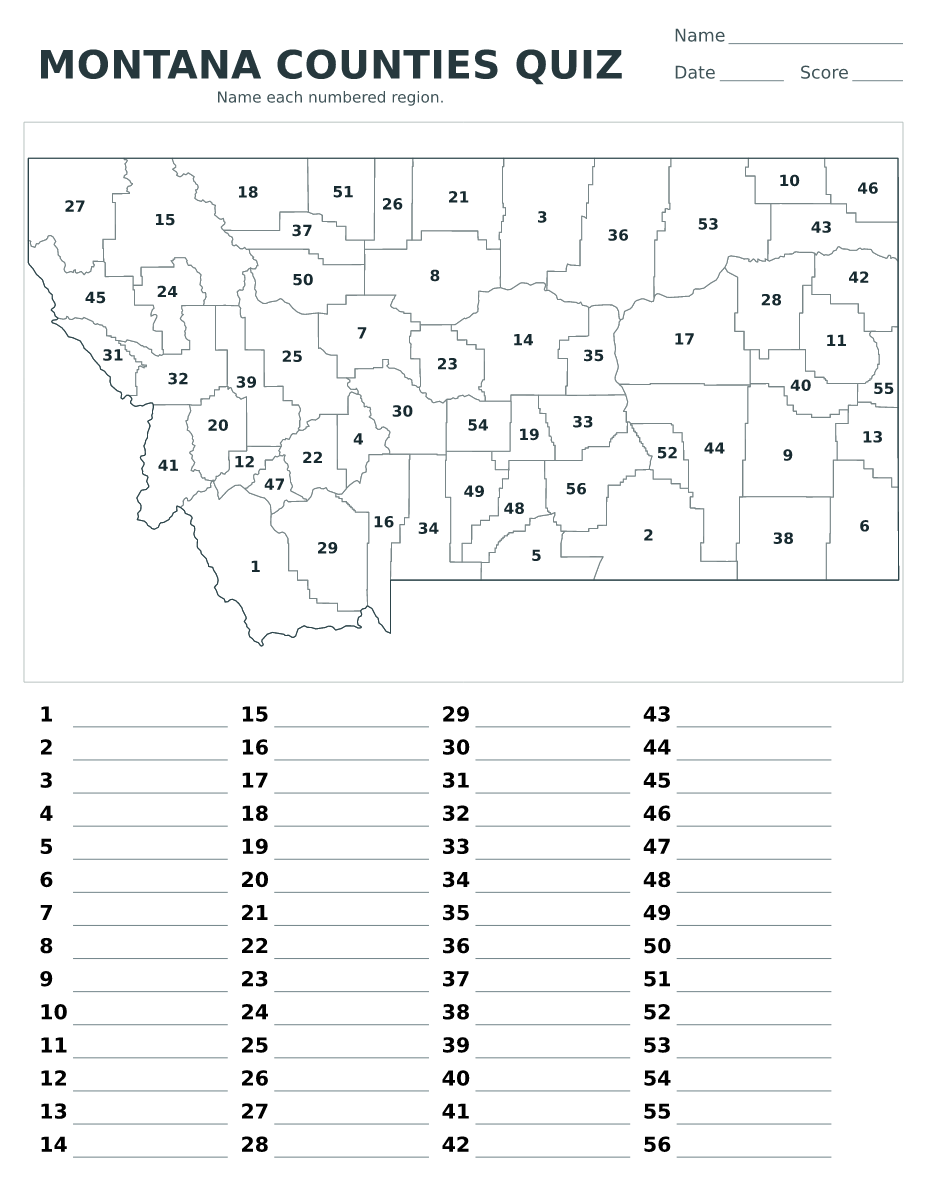 Cuestionario de condados: Montana, United States con 56 condados con números.