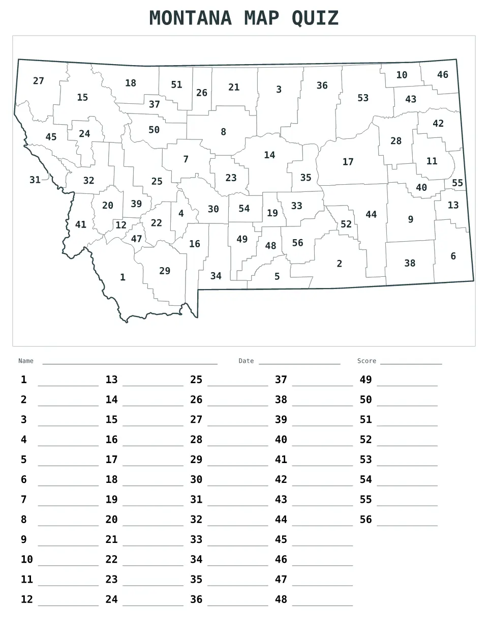 Montana Numbered quiz map preview