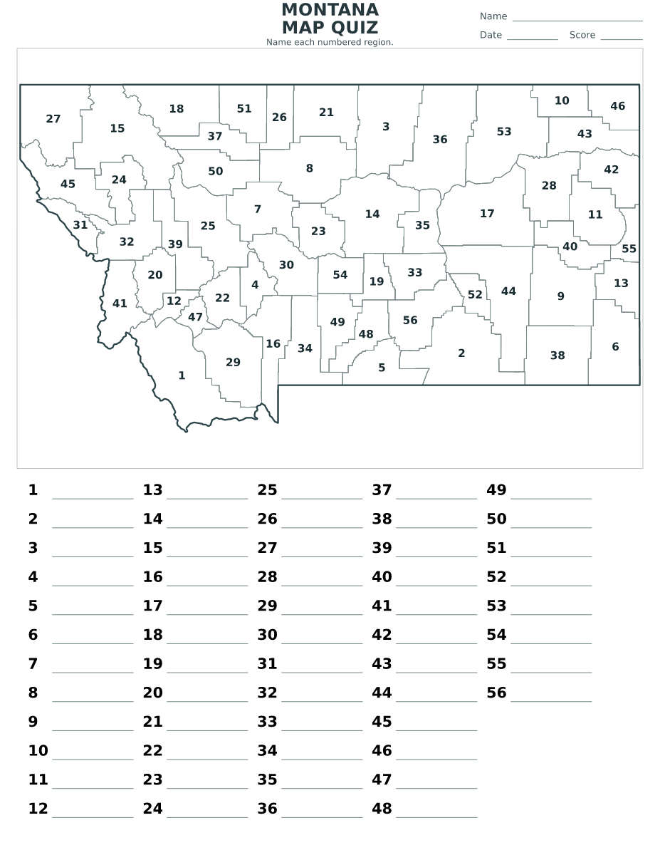 Cuestionario de condados: Montana, United States con 56 condados con números.