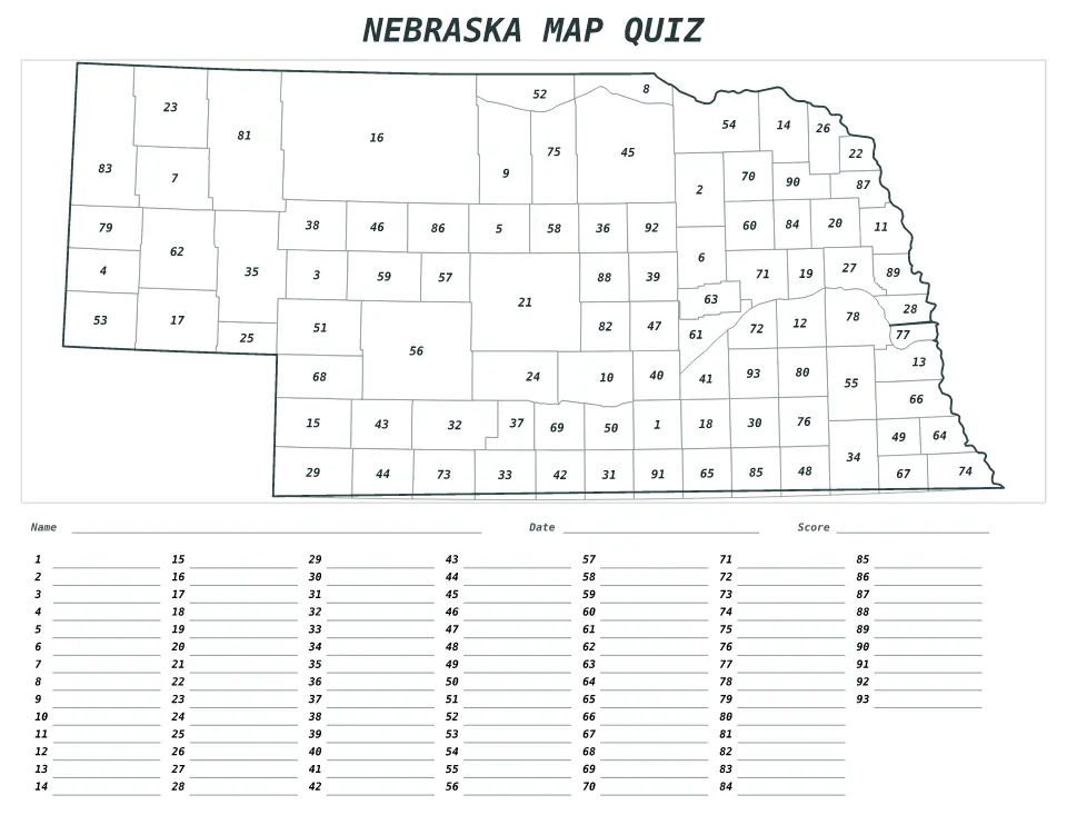 Nebraska Numbered quiz map preview