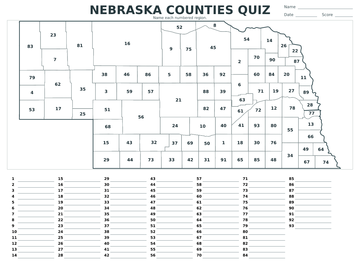 Cuestionario de condados: Nebraska, United States con 93 condados con números.