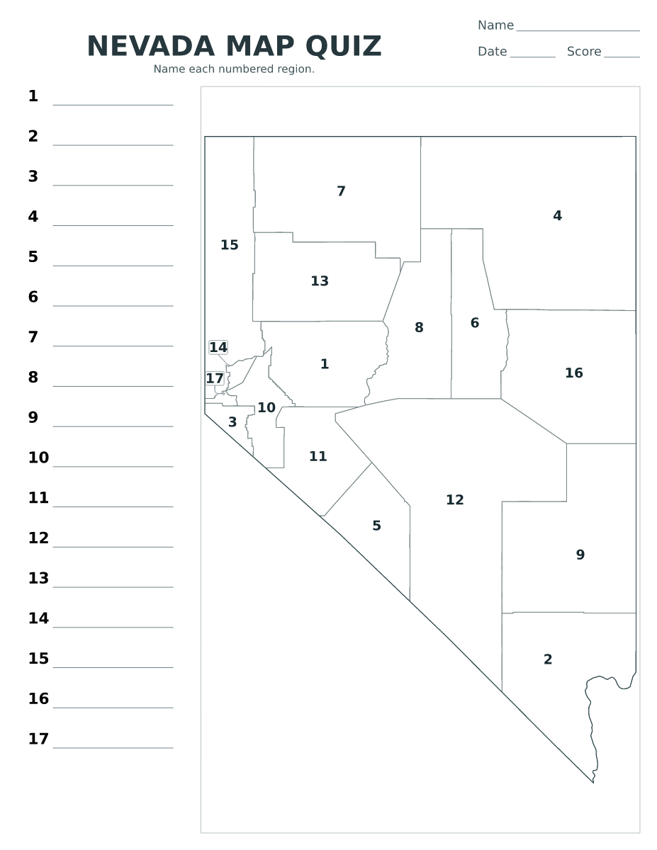Cuestionario de ciudades y condados: Nevada, United States con 17 ciudades y condados con números.
