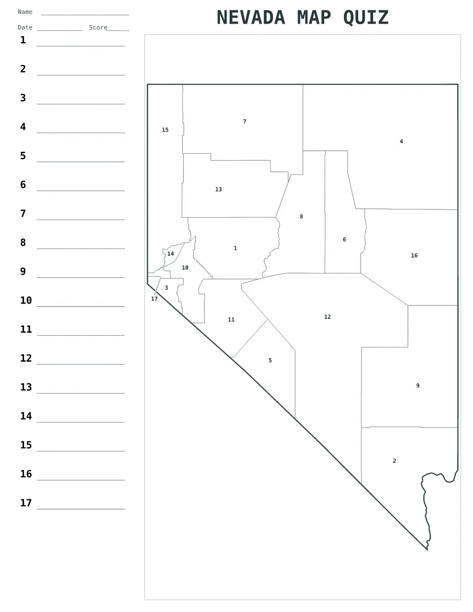 Nevada Numbered quiz map preview