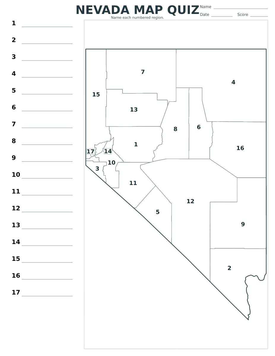 Cuestionario de ciudades y condados: Nevada, United States con 17 ciudades y condados con números.