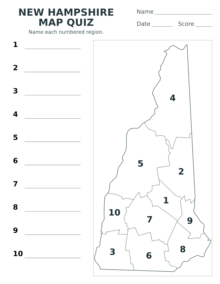 Cuestionario de condados: New Hampshire, United States con 10 condados con números.