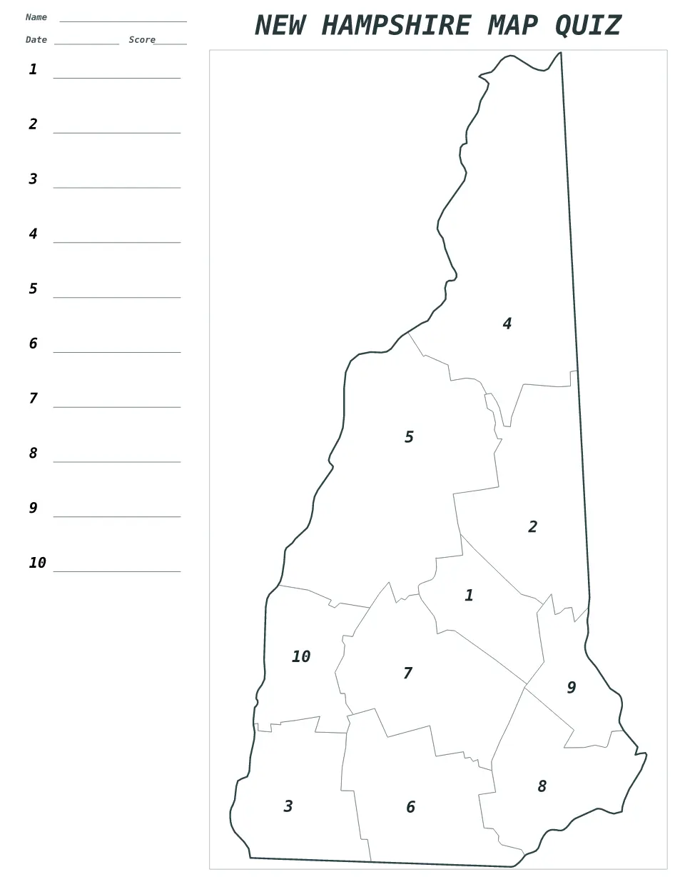 New Hampshire Numbered quiz map preview