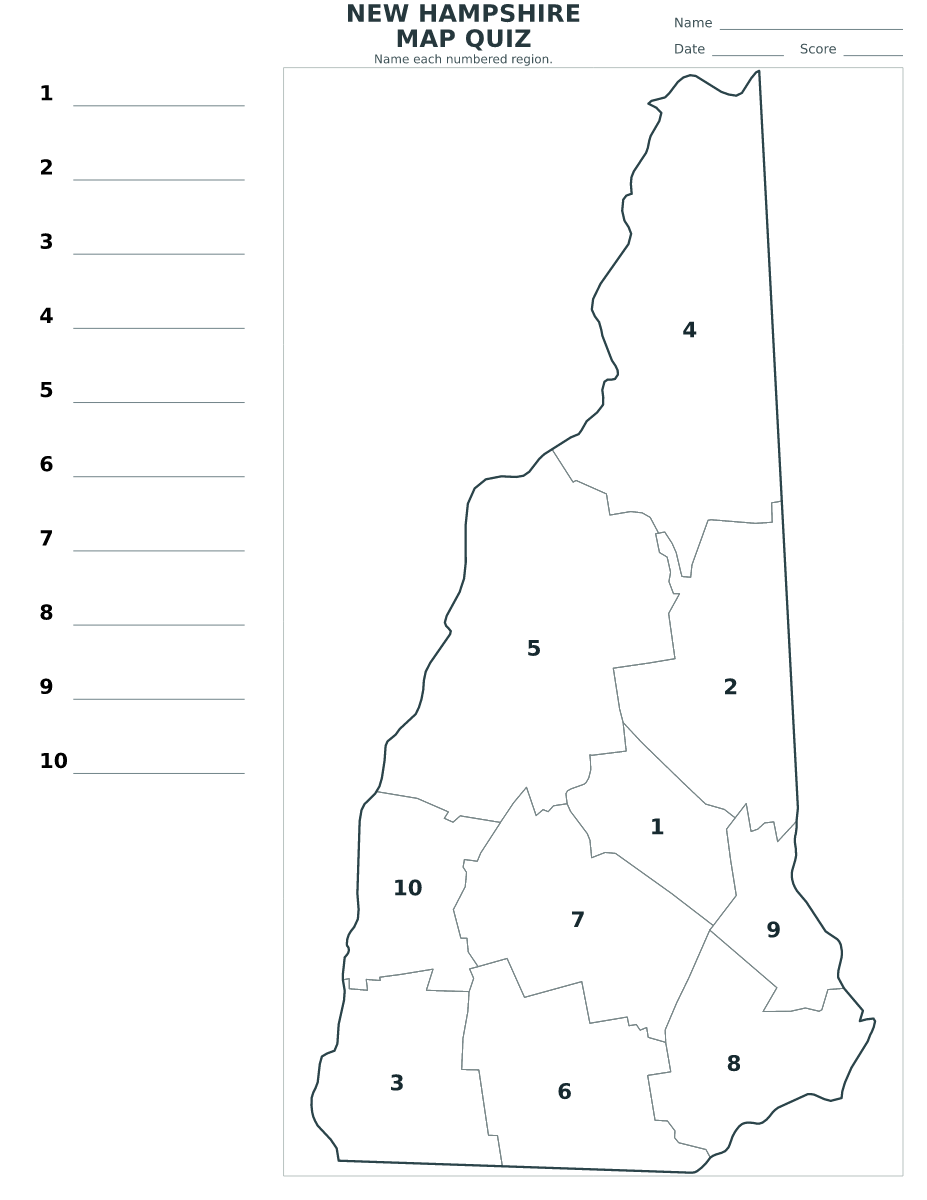 Cuestionario de condados: New Hampshire, United States con 10 condados con números.