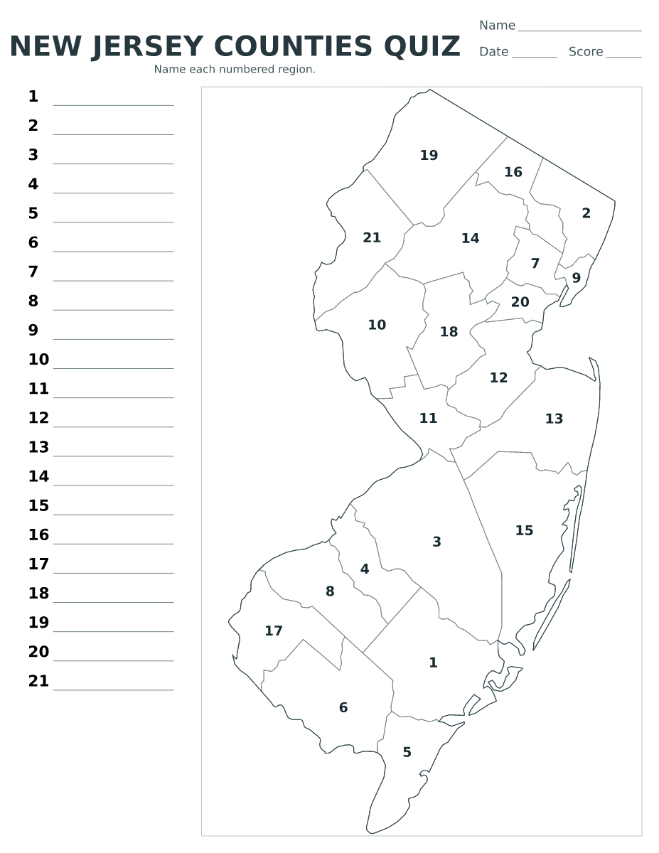 Cuestionario de condados: New Jersey, United States con 21 condados con números.