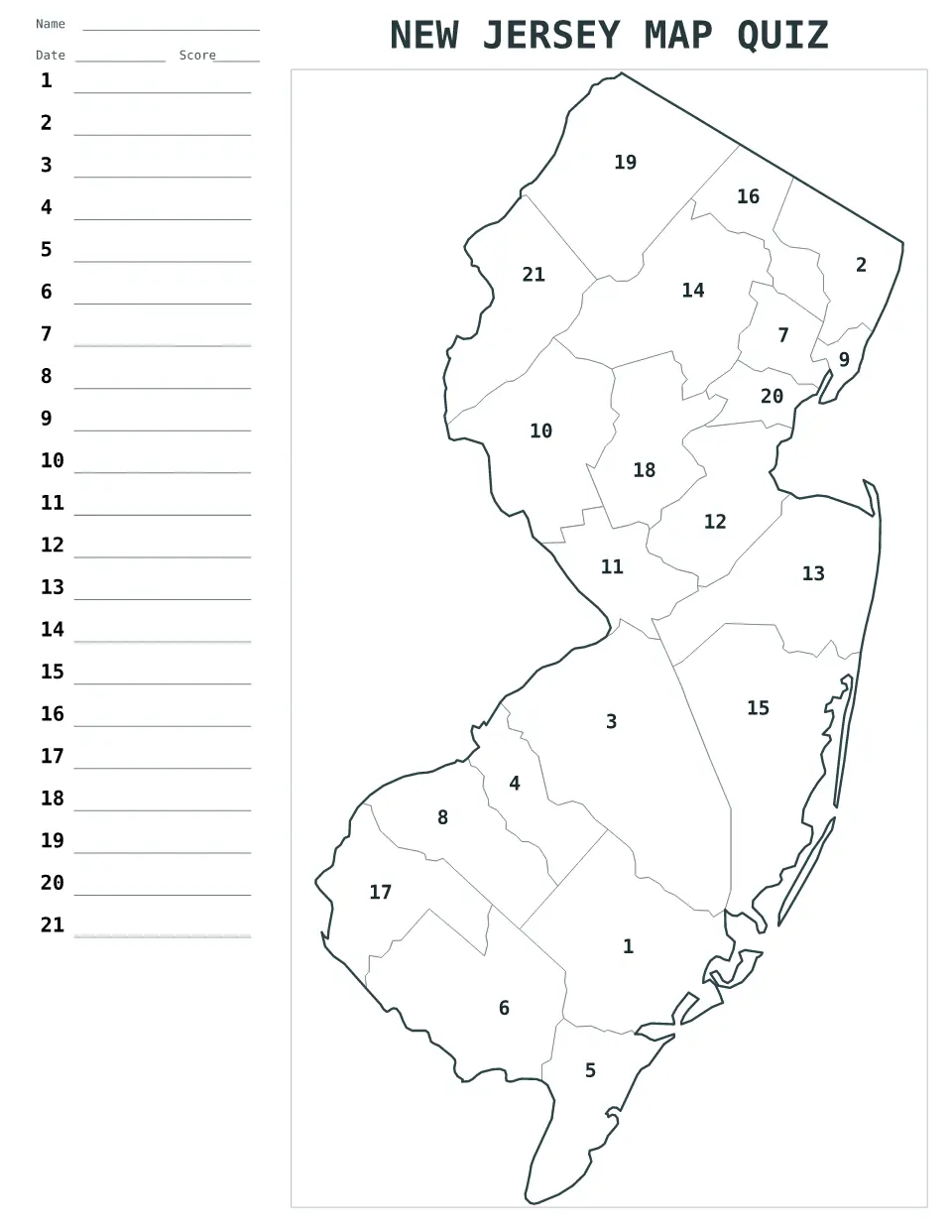 Printable New Jersey, United States numbered map quiz with 21 regions and an answer key.