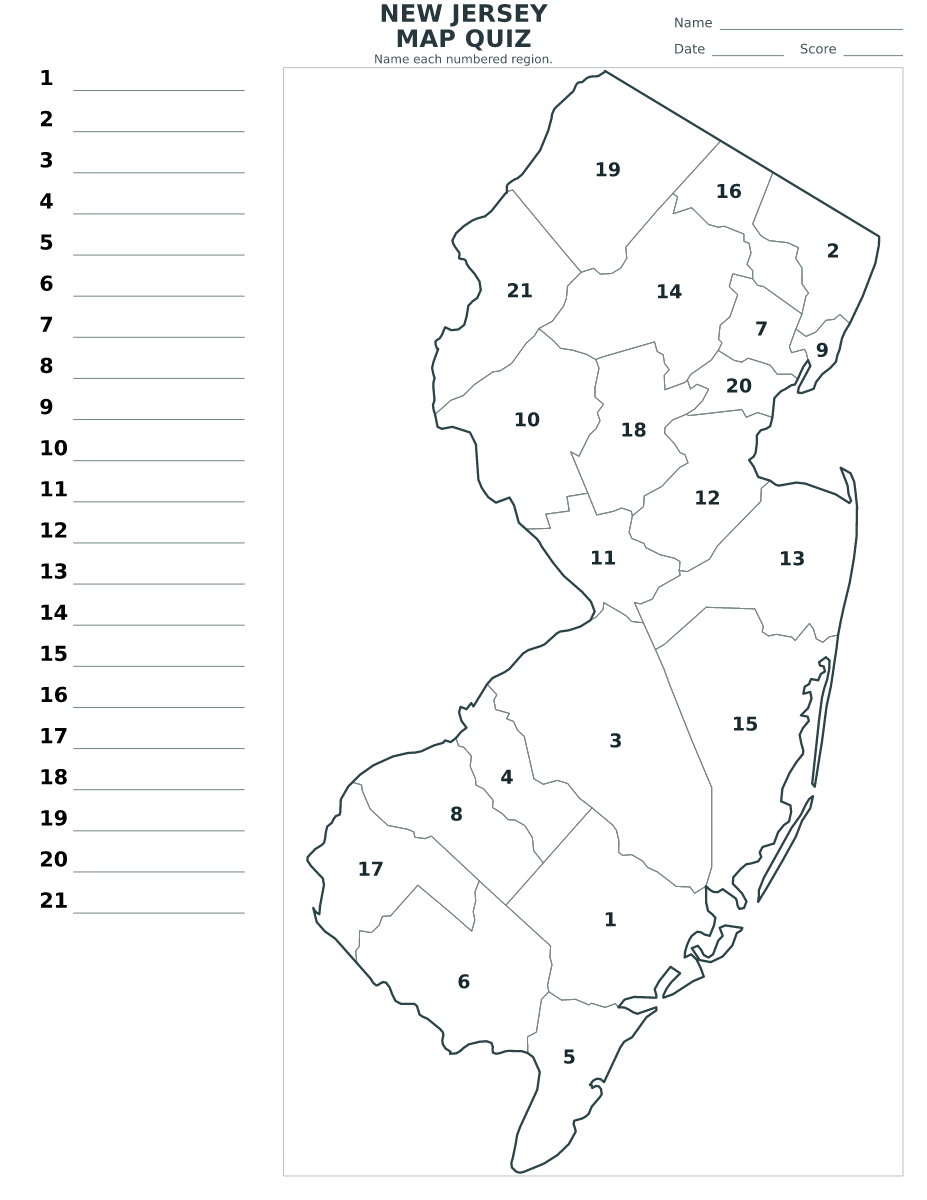 Cuestionario de condados: New Jersey, United States con 21 condados con números.