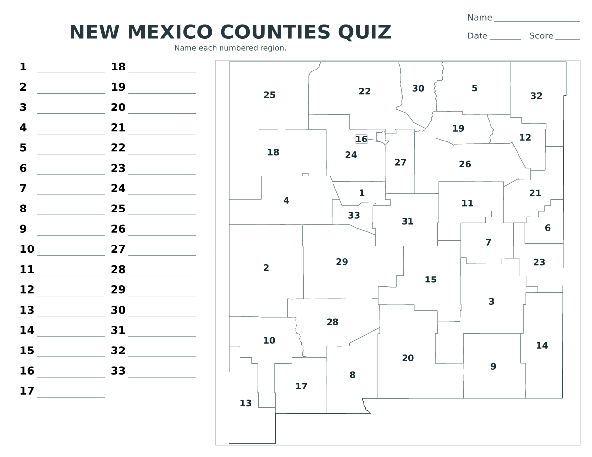 Cuestionario de condados: New Mexico, United States con 33 condados con números.