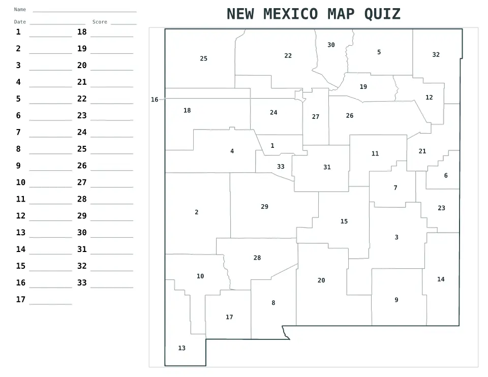 New Mexico Numbered quiz map preview