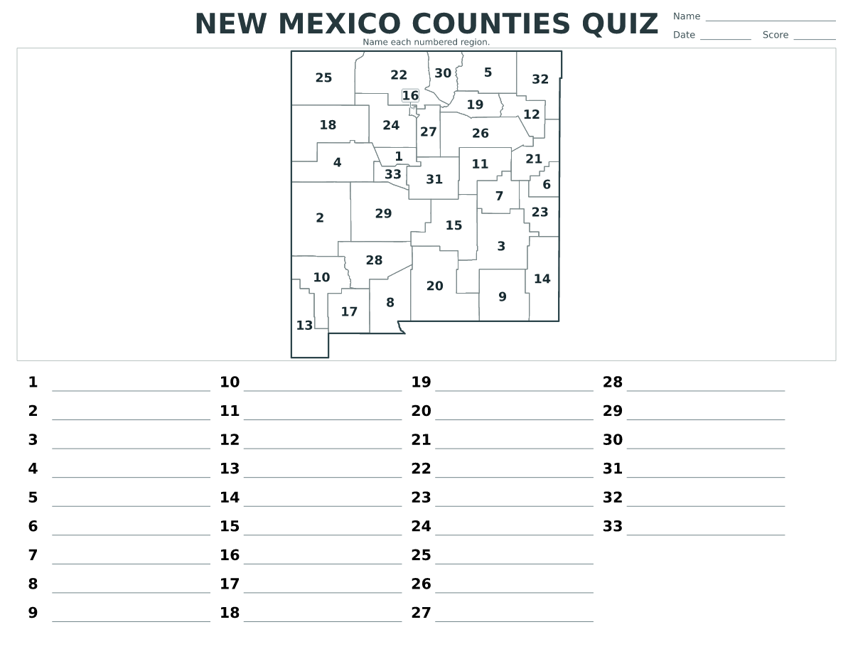 Cuestionario de condados: New Mexico, United States con 33 condados con números.