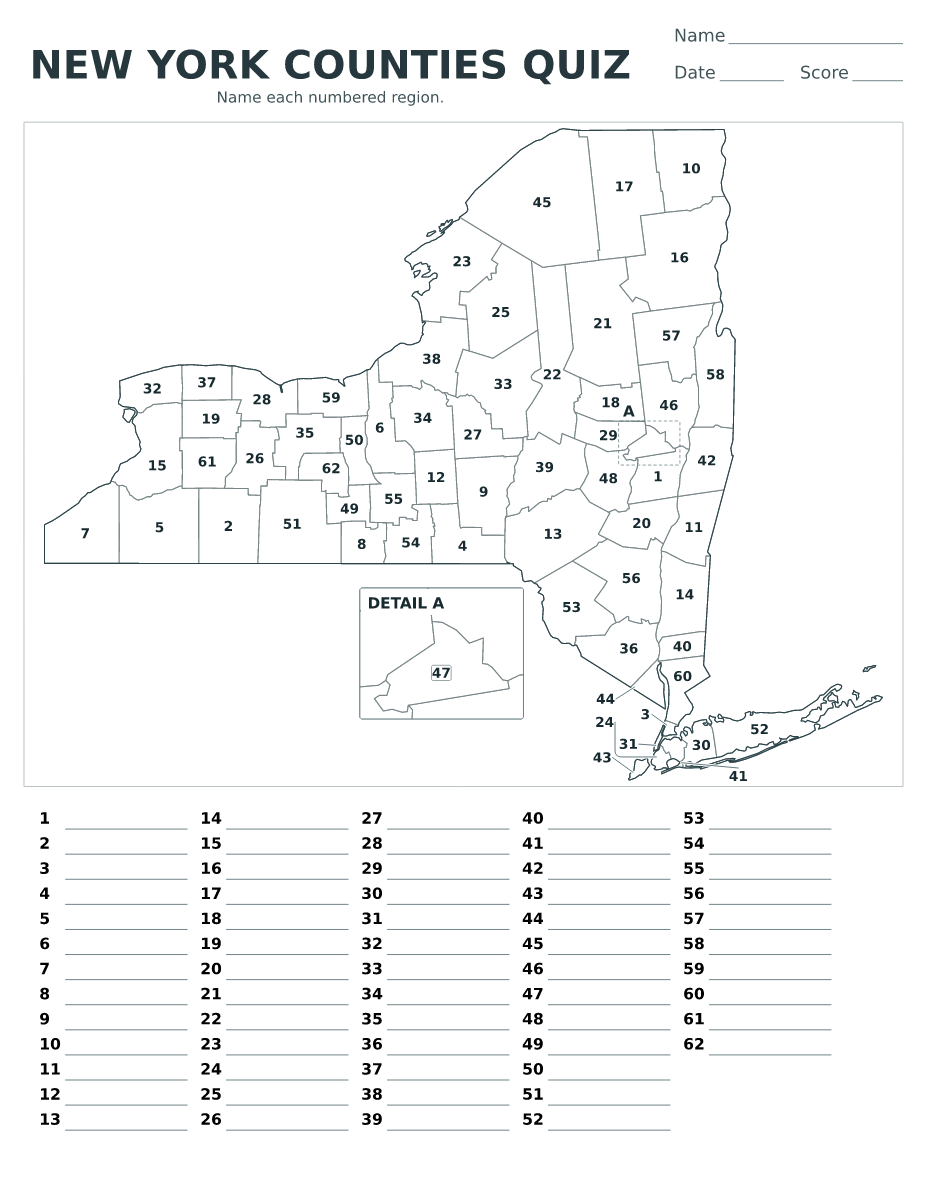 Cuestionario de condados: New York, United States con 62 condados con números.