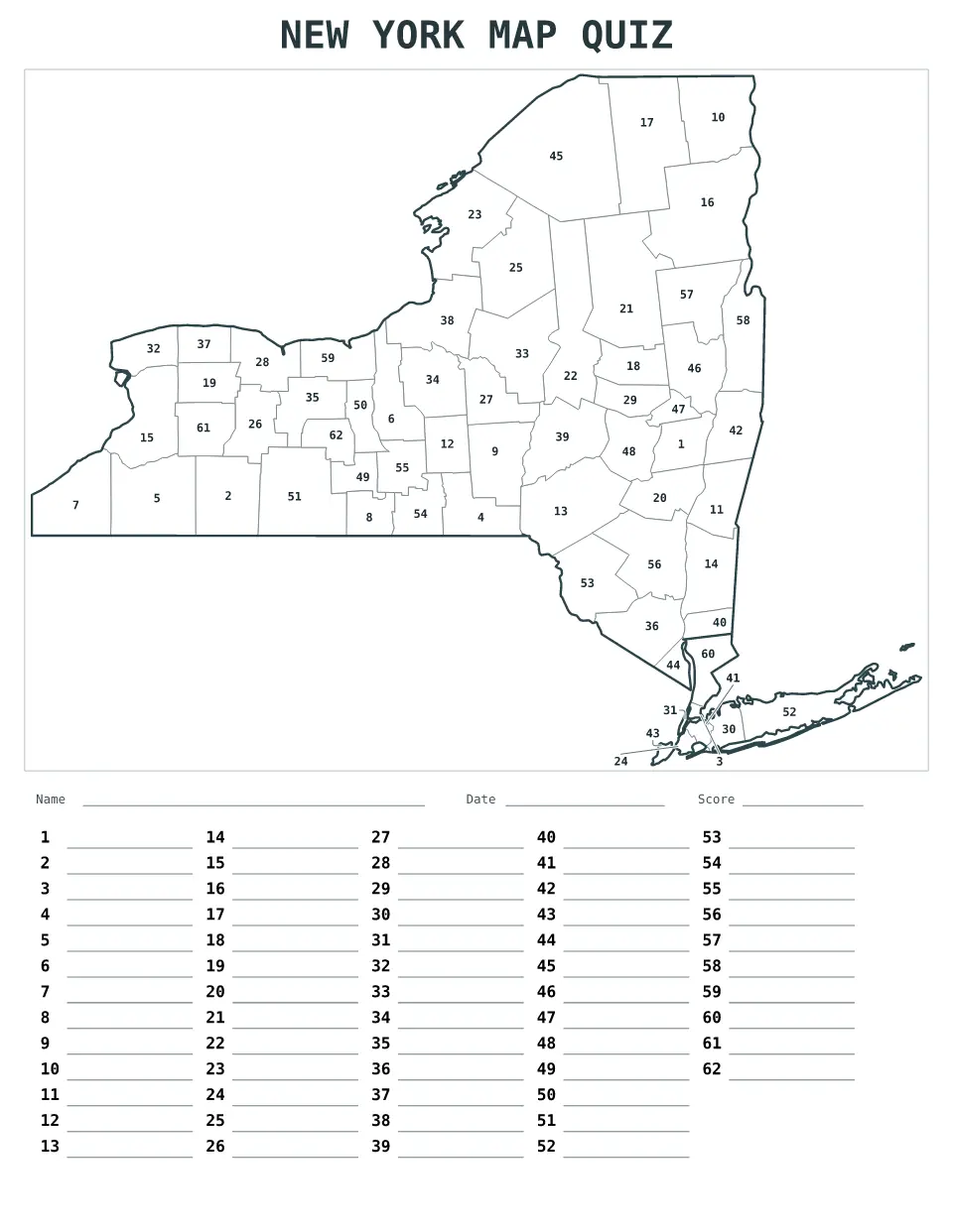 New York Numbered quiz map preview