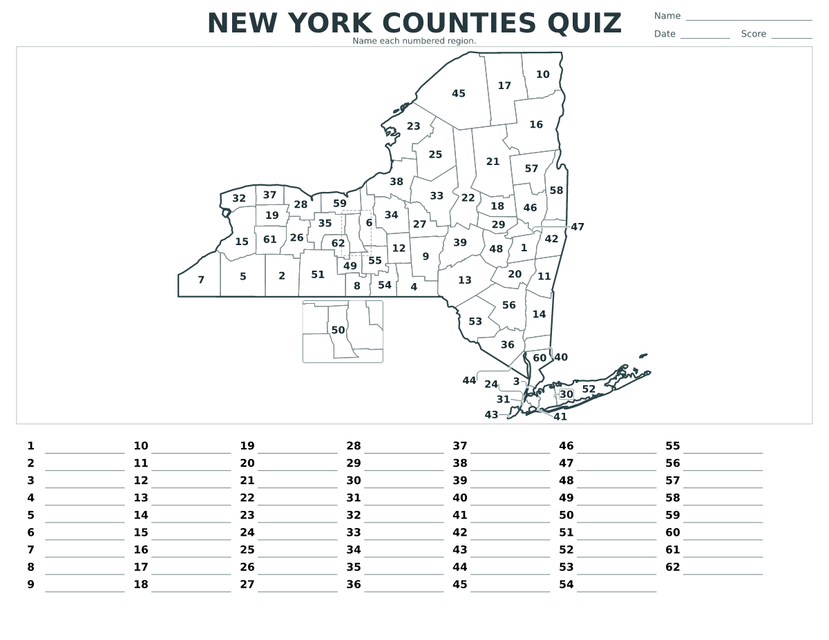 Cuestionario de condados: New York, United States con 62 condados con números.
