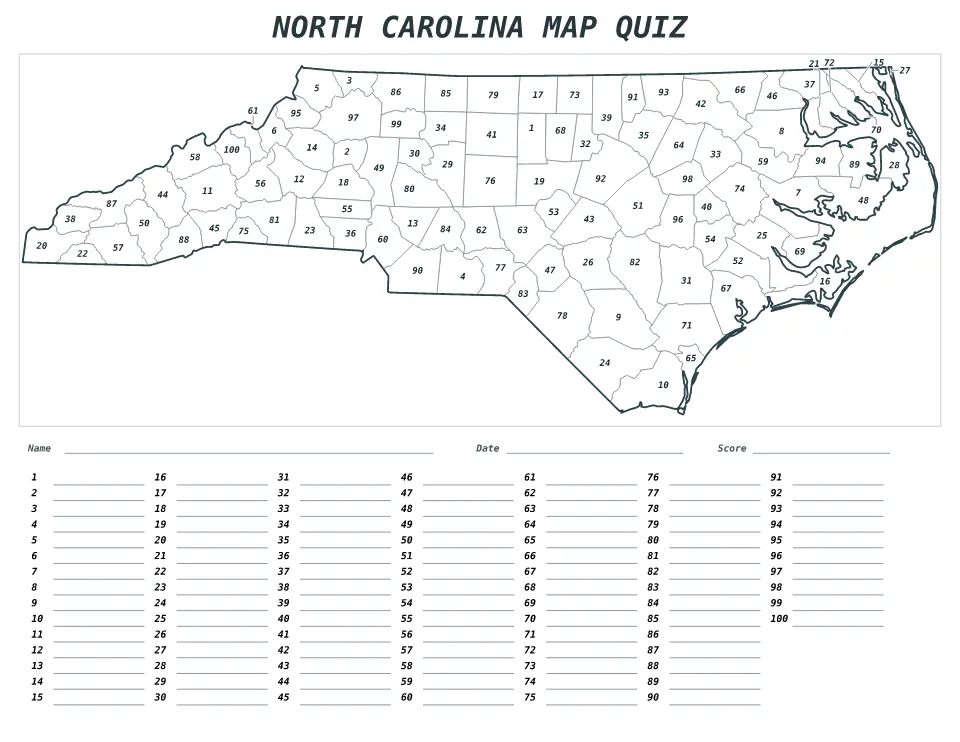 North Carolina Numbered quiz map preview