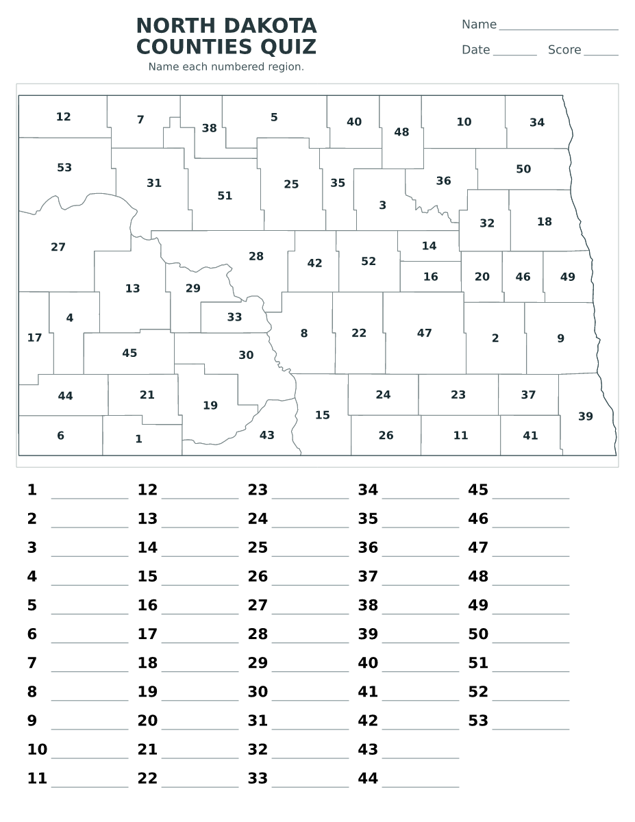 Cuestionario de condados: North Dakota, United States con 53 condados con números.