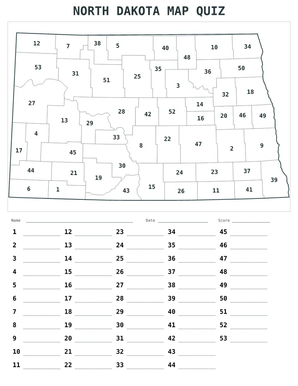 North Dakota Numbered quiz map preview