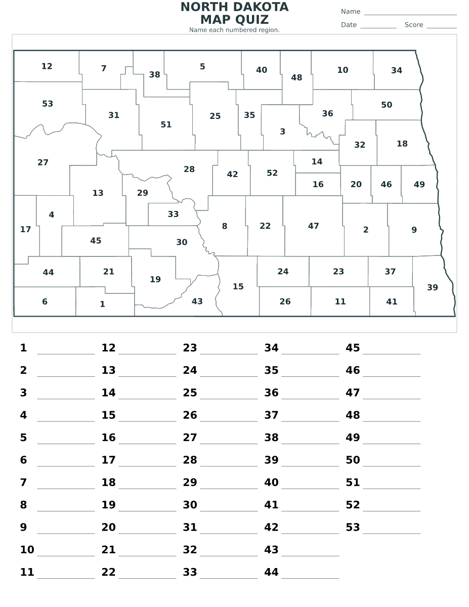 Cuestionario de condados: North Dakota, United States con 53 condados con números.