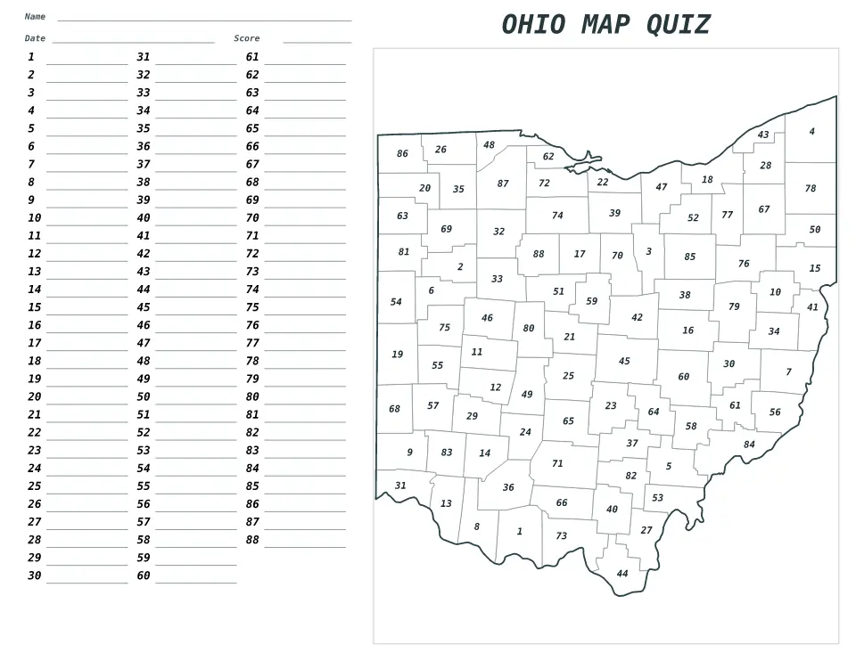 Ohio Numbered quiz map preview
