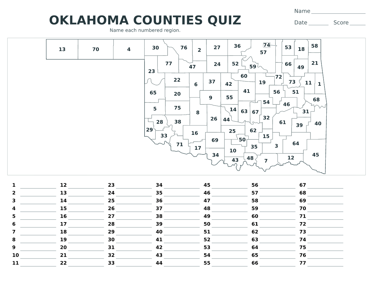 Cuestionario de condados: Oklahoma, United States con 77 condados con números.
