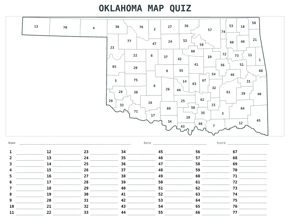 Oklahoma Numbered quiz map preview