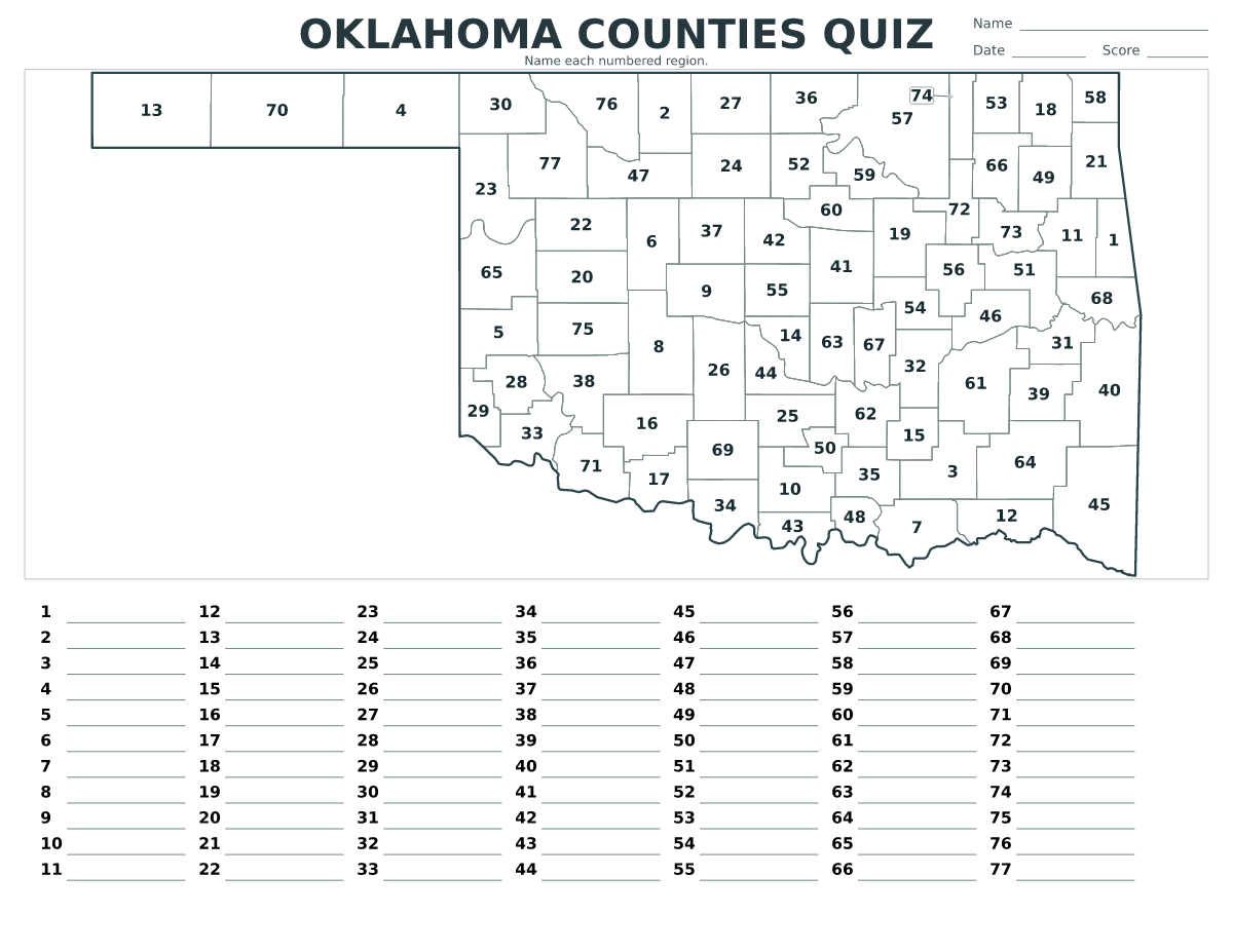 Oklahoma Counties Quiz, United States with 77 numbered counties.