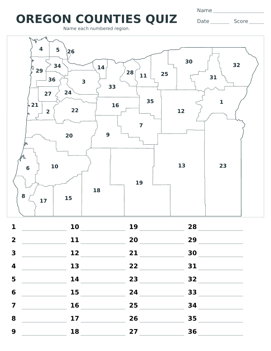 Cuestionario de condados: Oregon, United States con 36 condados con números.