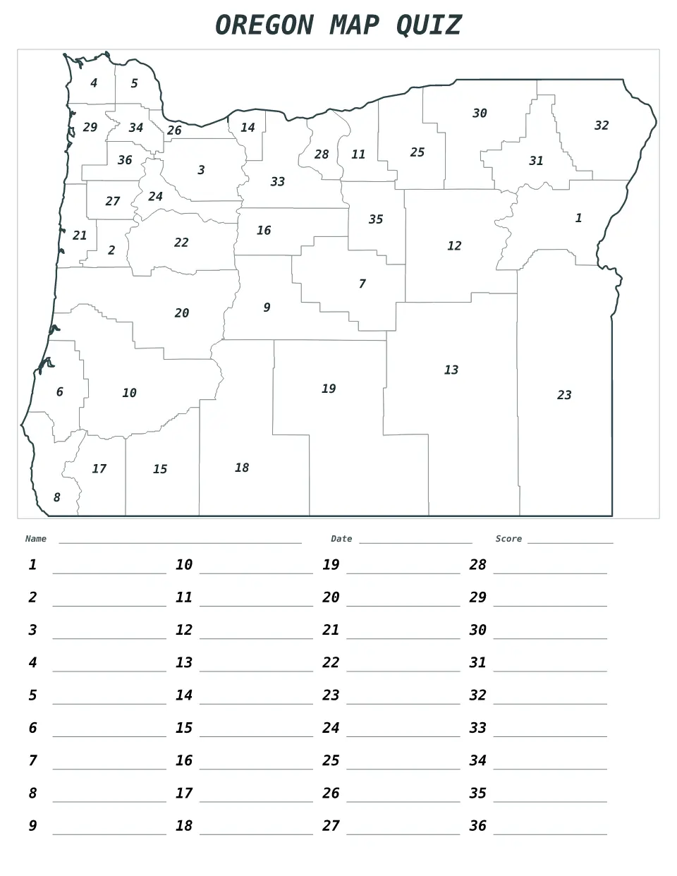 Oregon Numbered quiz map preview