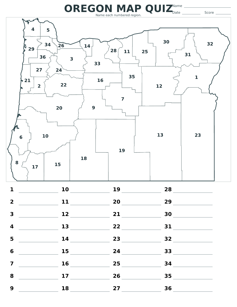 Cuestionario de condados: Oregon, United States con 36 condados con números.