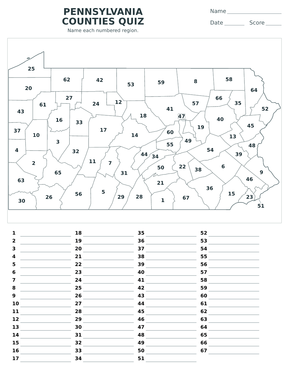 Cuestionario de condados: Pennsylvania, United States con 67 condados con números.