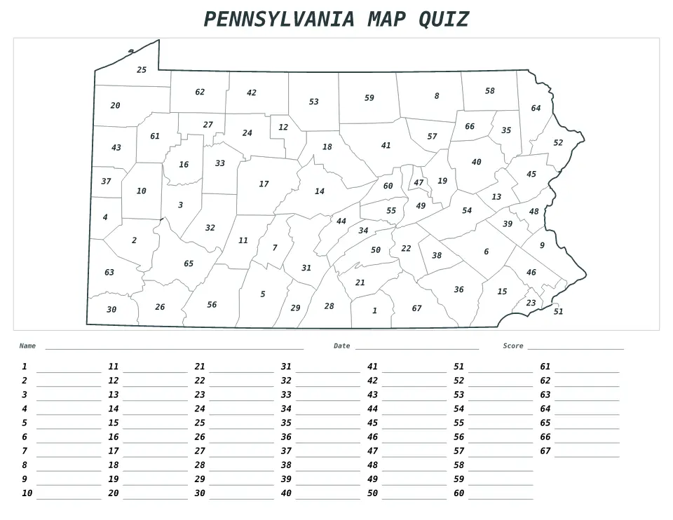Cuestionario imprimible del mapa de Pennsylvania, United States con 67 regiones numeradas y respuestas.