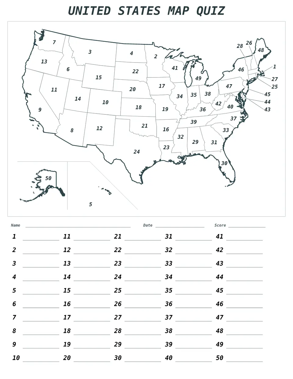 Aperçu de la carte Quiz numéroté de United States