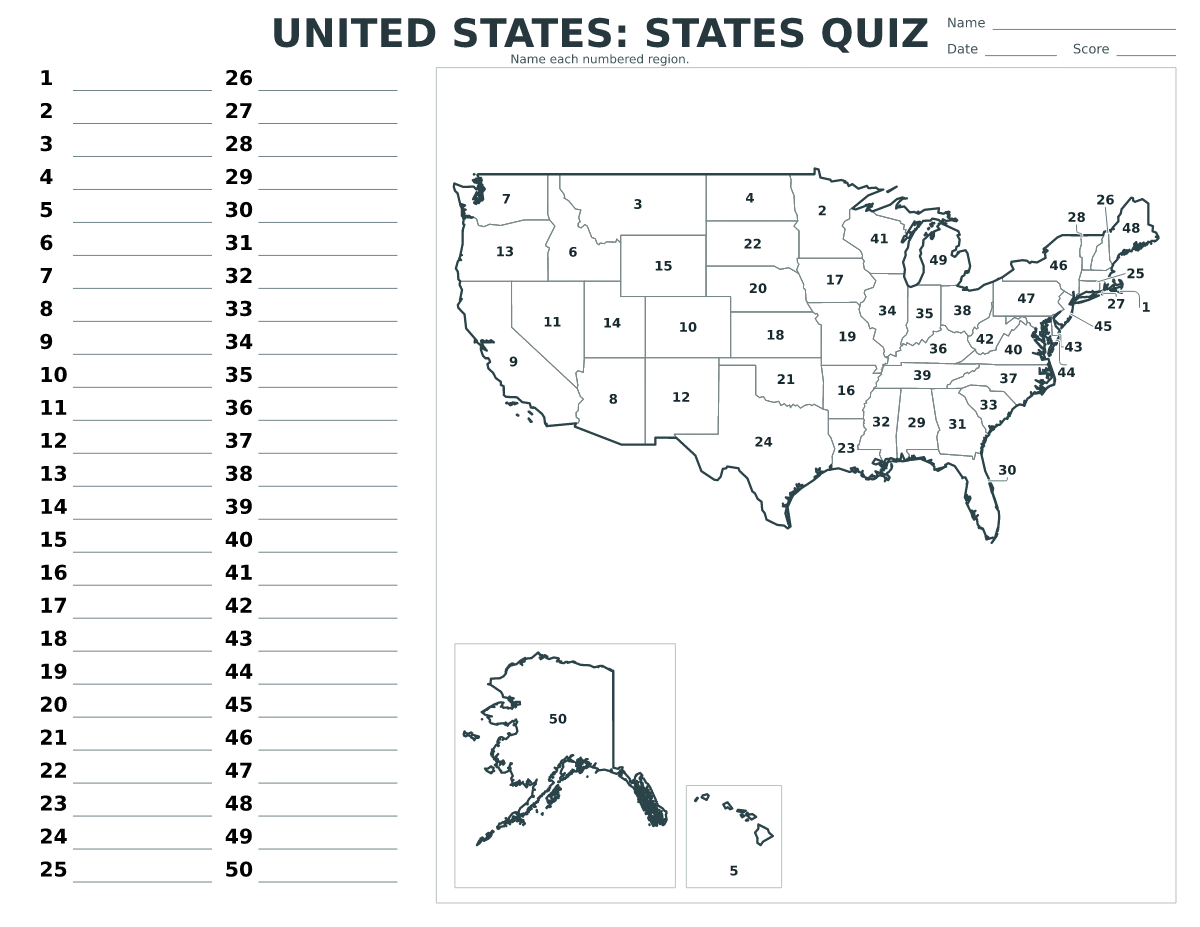 United States: States Quiz with 50 numbered states.