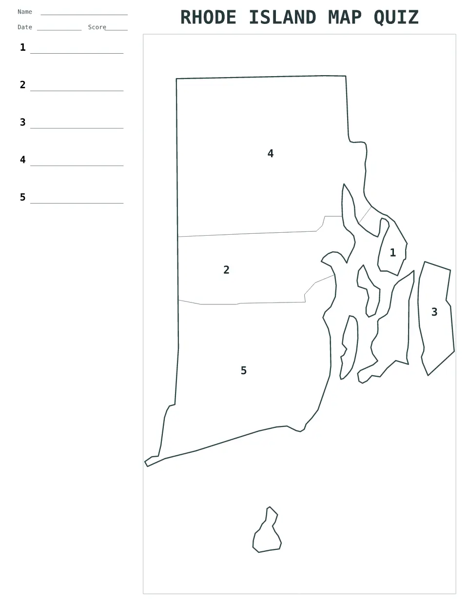 Cuestionario imprimible del mapa de Rhode Island, United States con 5 regiones numeradas y respuestas.