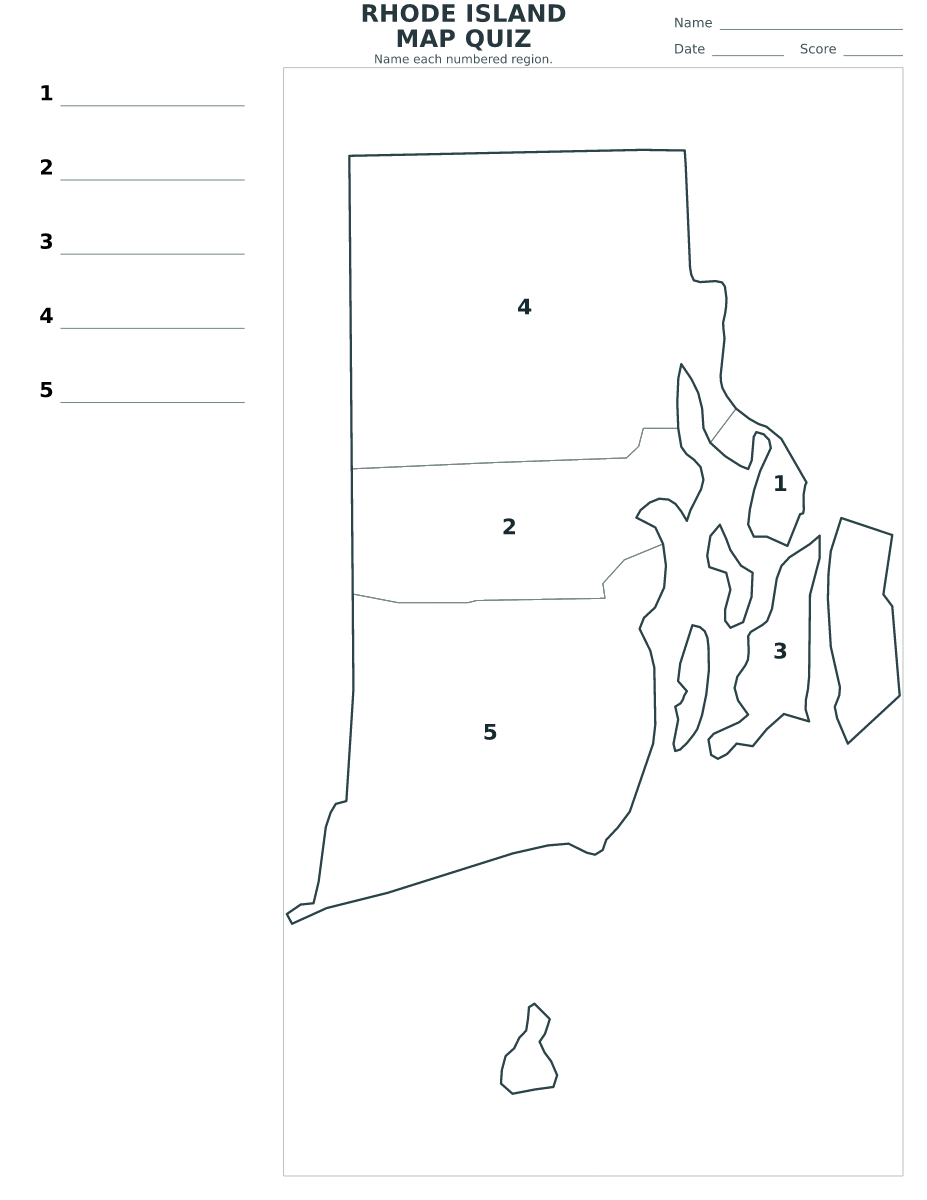 Rhode Island Counties Quiz, United States with 5 numbered counties.