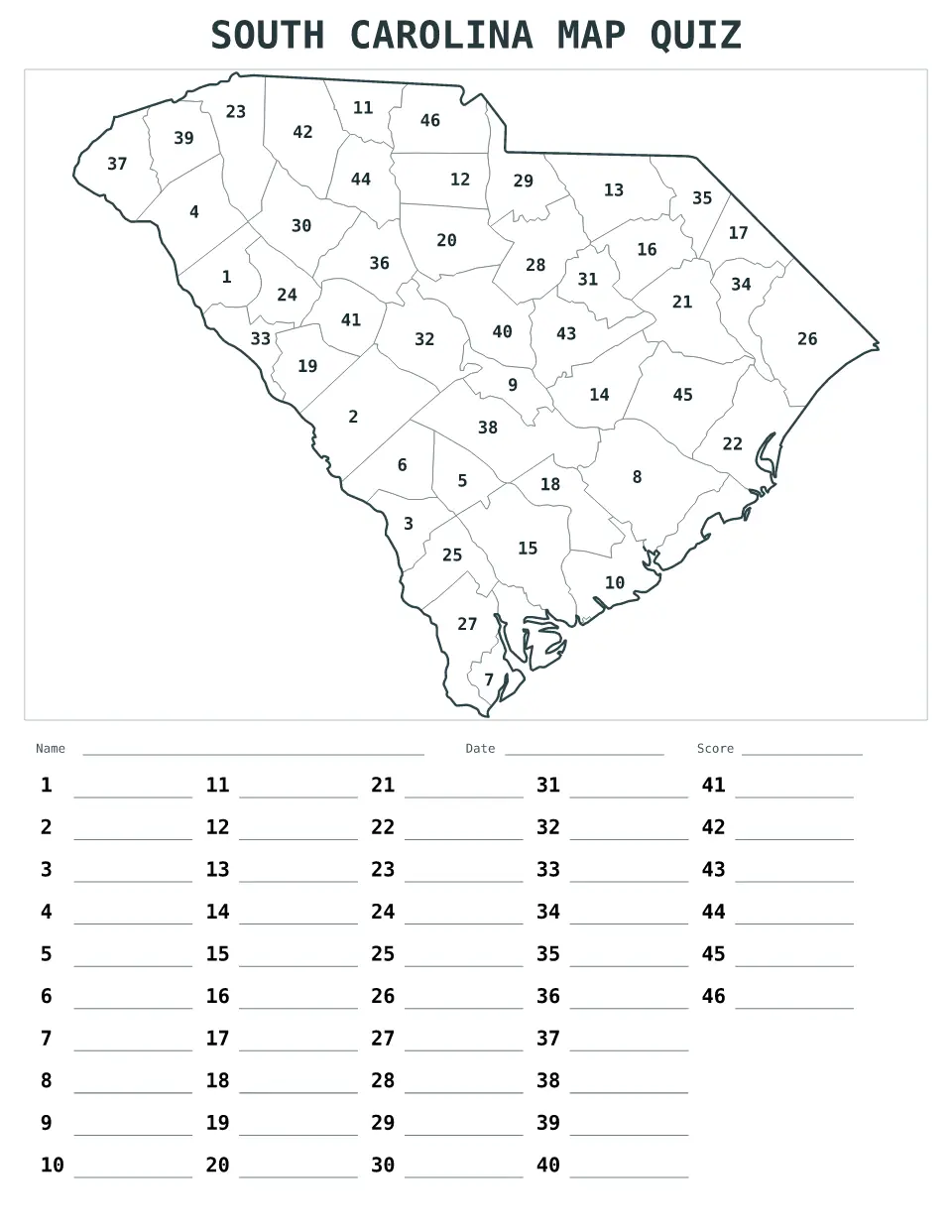 South Carolina Numbered quiz map preview