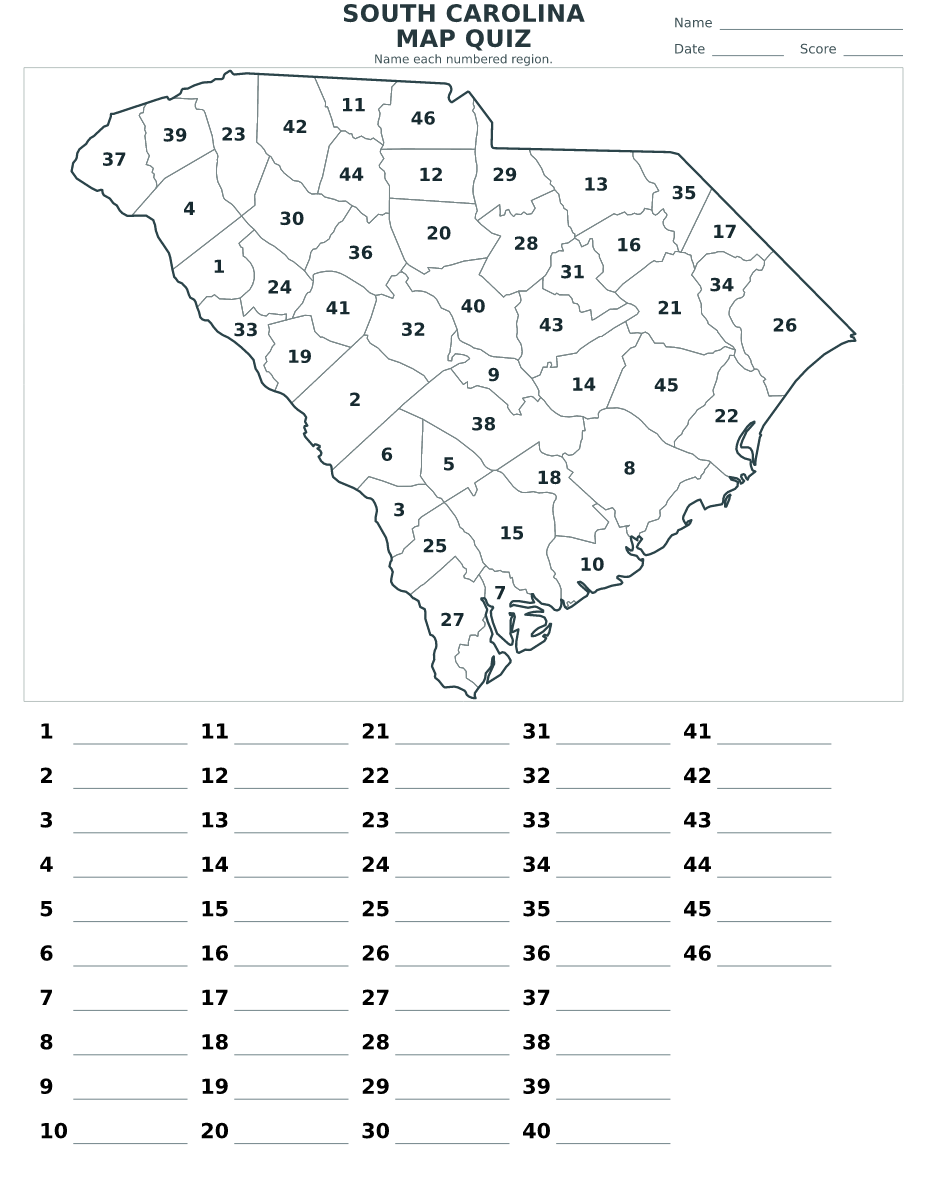 Cuestionario de condados: South Carolina, United States con 46 condados con números.