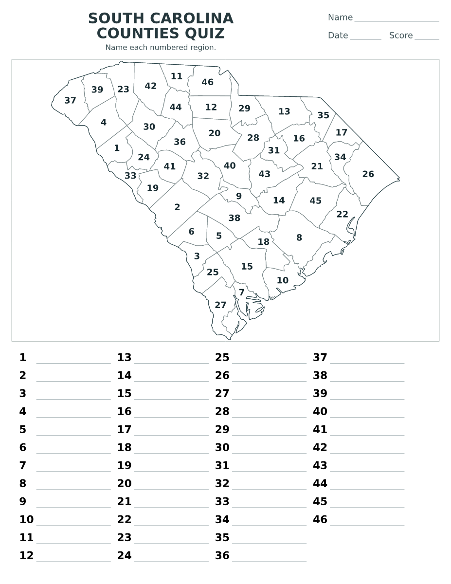 Cuestionario de condados: South Carolina, United States con 46 condados con números.