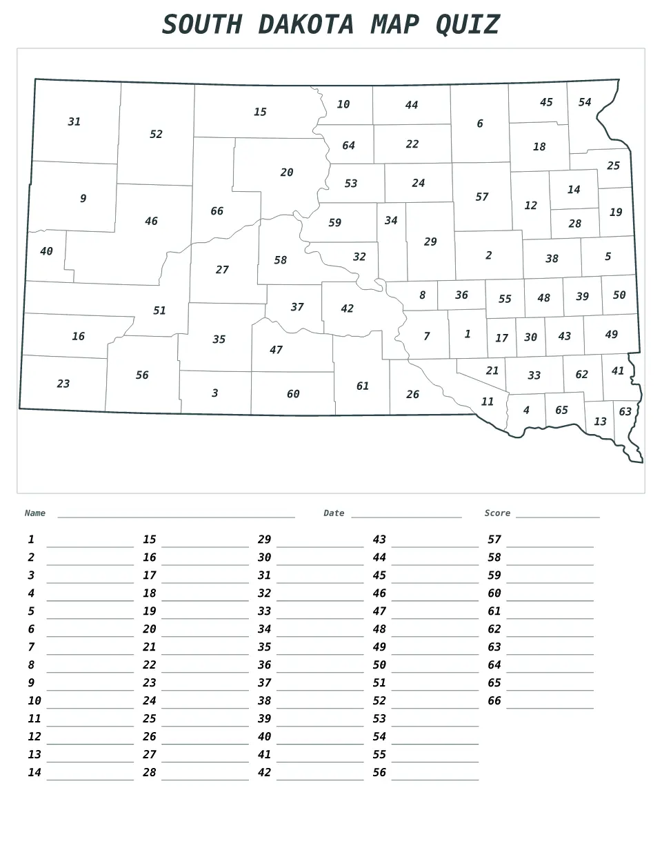 South Dakota Numbered quiz map preview