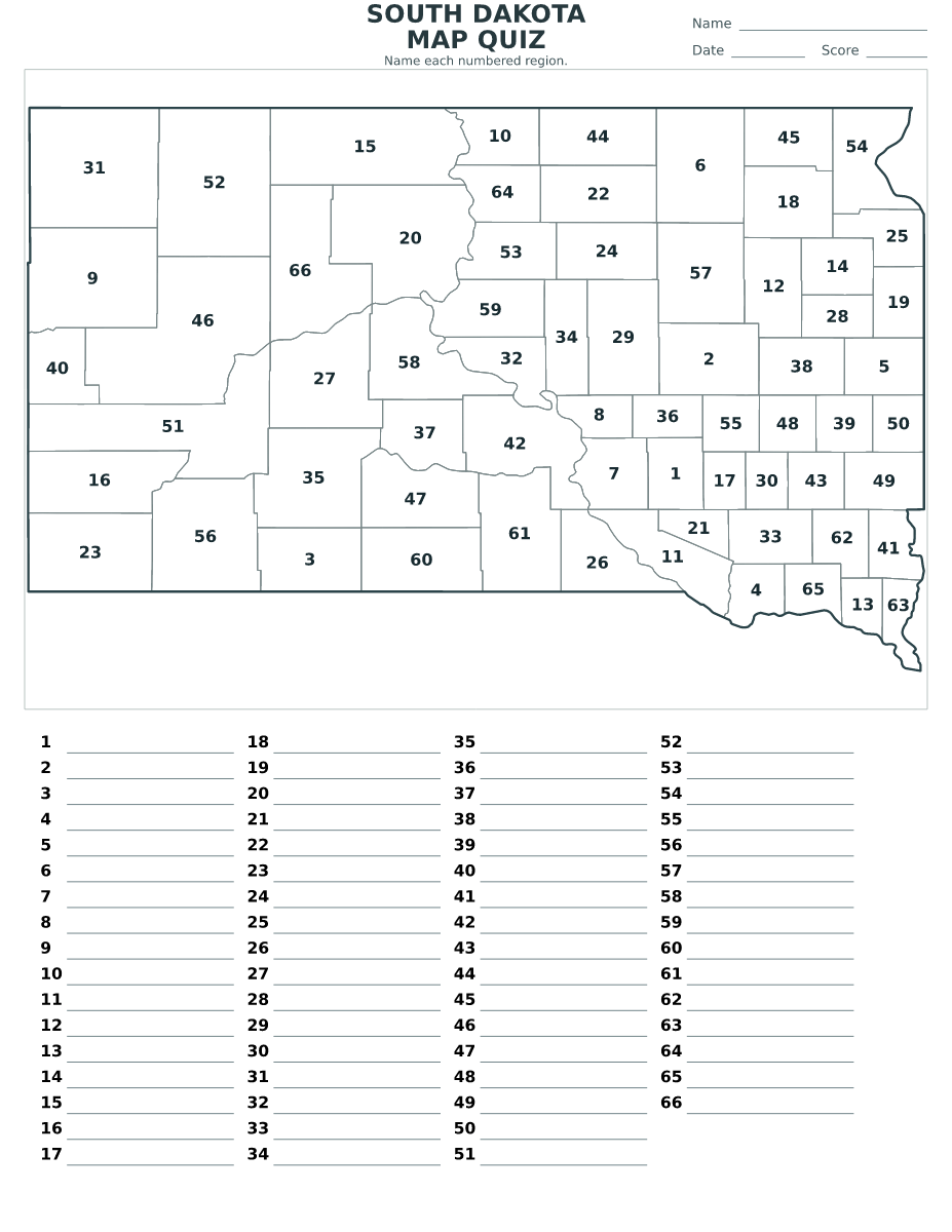 Cuestionario de condados: South Dakota, United States con 66 condados con números.