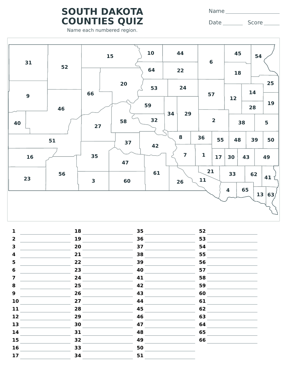 Cuestionario de condados: South Dakota, United States con 66 condados con números.