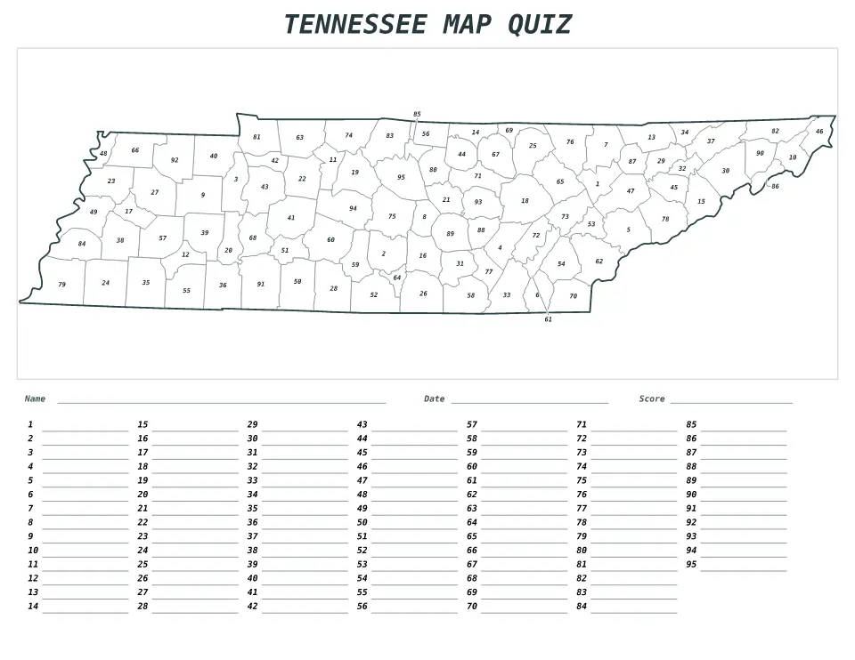 Tennessee Numbered quiz map preview