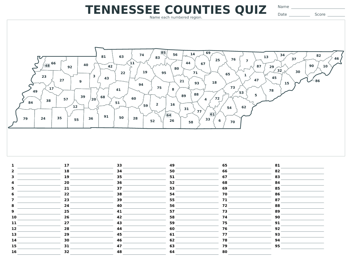 Tennessee Counties Quiz, United States with 95 numbered counties.