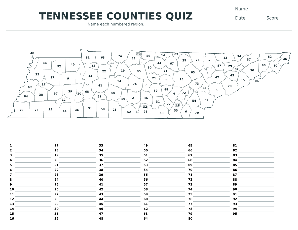 Cuestionario de condados: Tennessee, United States con 95 condados con números.