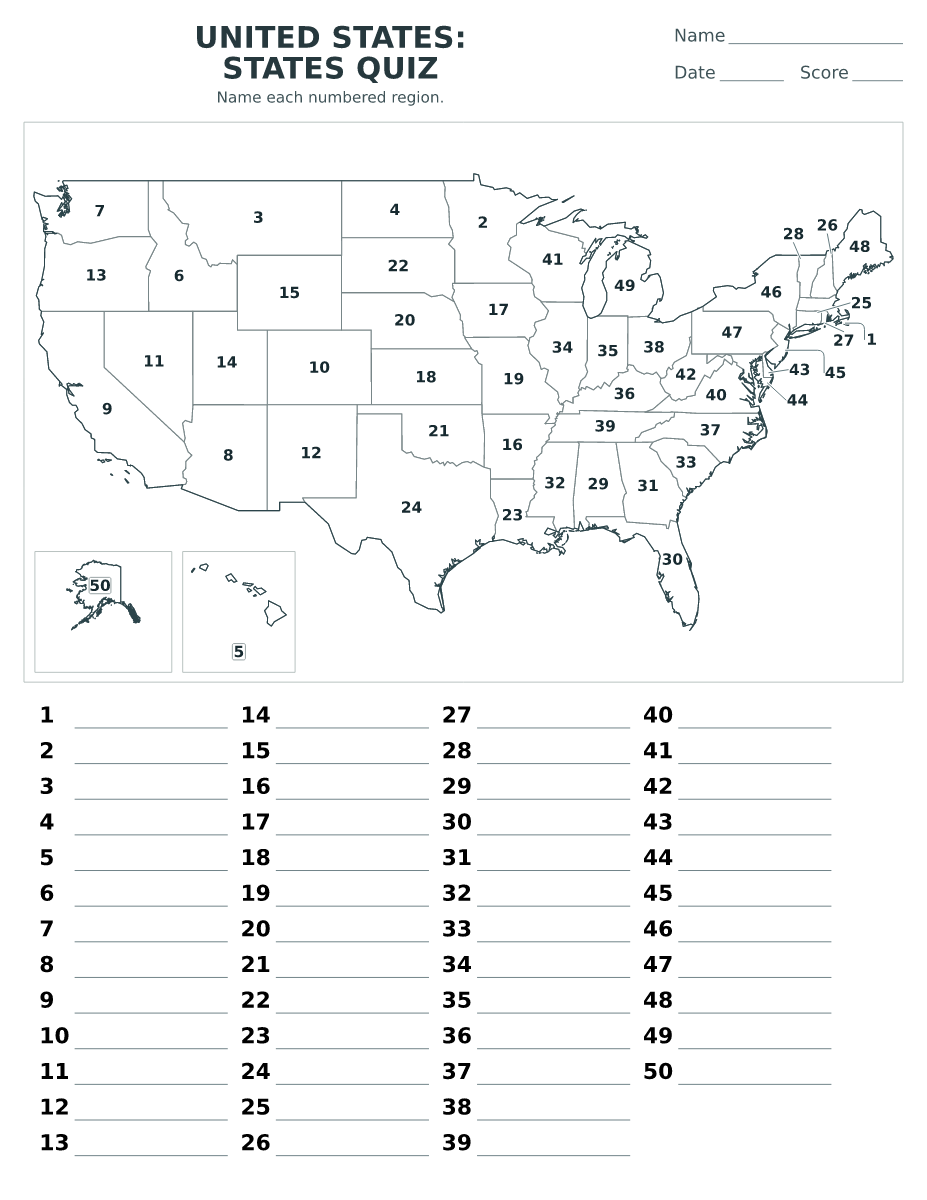 Cuestionario de estados: United States con 50 estados con números.